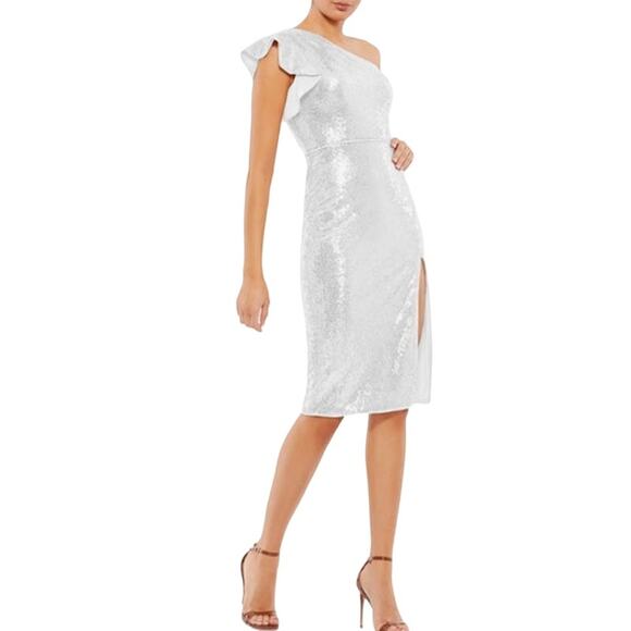 MAC DUGGAL Dress Size 6 Evening Gown Sequin NEW White Midi One Shoulder Sheath - Picture 1 of 6